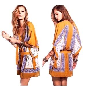 Free People Goldenrod Combo Santa Cruz Boho Kimono Mini Dress